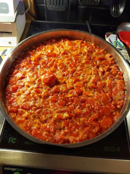 Wide bottom pot filled with chopped tomatoes, sugar, lime juice, spices, and one tiny hot pepper.