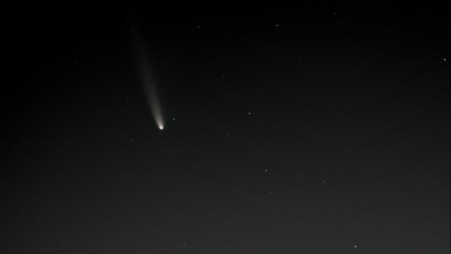 It's a sparse starfield, and the glow of the rising sun is beginning to intrude, but comet Tsuchinchan-ATLAS is bright on the screen, tail pointing up, about 10 times the length of the head. A few stars can be seen.  Probably stacked about 15 or so.