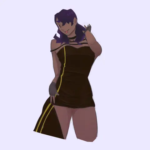 A drawing of a dark skinned Yor from SpyXFamily. She's wearing a black dress with a yellow stripe. One arm is bent and touching her hair and the other is by her hips.