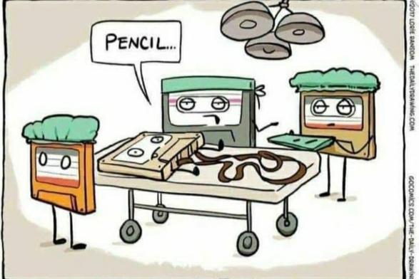 Comic showing several cassette tapes, standing around a table like surgeons and nurses in an operating room. They are wearing hair-caps, like human doctors. On the operating table, there is a cassette with its tape unwound and laying around it on the table. The cassette who is drawn like a doctor requests a "Pencil" from the nurse cassette next to him.