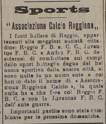 Stralcio da Il Giornale di Reggio del 1919 che riporta la notizia della fondazione della squadra di calcio della Reggiana
