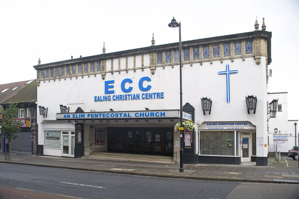 A colour photograph of the former Ealing Odeon with its Moorish tile and wood work decoration
