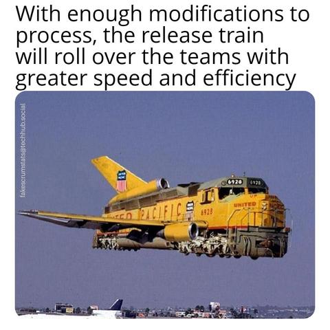 AI photo of a train engine with an airplane wing, tail fin, and jet engine, flying.

Caption: With enough modifications to process, the release train will roll over teams with greater speed and efficiency