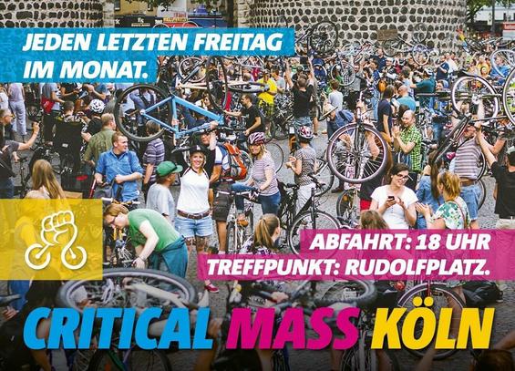 Jeden letzten Freitag im Monat.
Critical Mass Köln
Abfahrt: 18 Uhr
Treffpunkt: Rudolfplatz