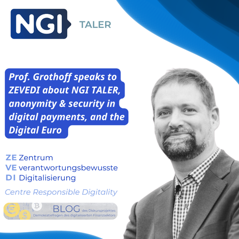 An image promoting an interview with Prof. Grothoff, featuring a professional headshot of him on the right. The text in the image reads: 'Prof. Grothoff speaks to ZEVEDI about NGI TALER, anonymity & security in digital payments, and the Digital Euro.' The NGI TALER logo is at the top left, with additional acronyms 'ZE' (Zentrum), 'VE' (verantwortungsbewusste), and 'DI' (Digitalisierung), which translate to 'Centre Responsible Digitality,' displayed at the bottom. The image also features a graphic related to digital financial discourse in the bottom left corner