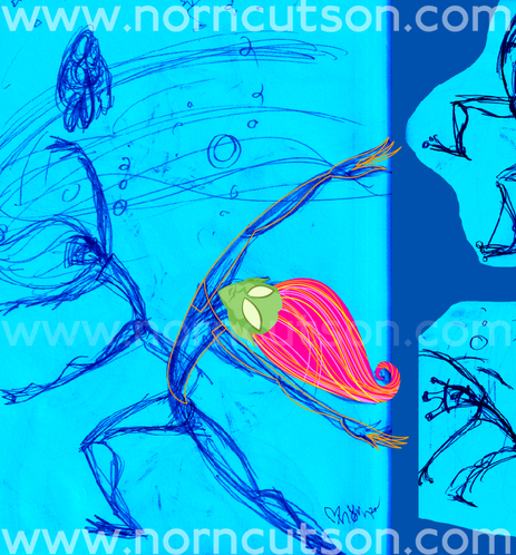 Work in progress.
Face and hair, beginning the arms, hands and body.

Vector lines over a locked-down sketch layer.

TEXT: www.NornCutson.com