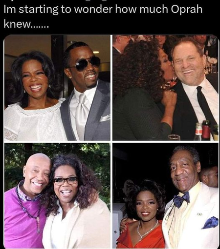 I'm starting to wonder how much Oprah knew...

{four photos of Oprah Winfrey, with P. Diddy, Harvey Weinstein, Russell Simmons, and Bill Cosby}