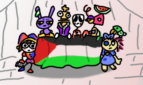 image 2: the cast is now holding symbols of Palestinian resistance such as the flag, keffiyehs and watermelon slice