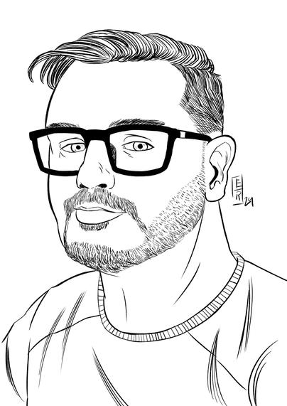Um desenho em preto e branco de um homem com cabelo curto e barba. Ele está usando óculos de aro grosso e uma camisa de gola redonda. Ele está olhando para a frente com uma expressão neutra.