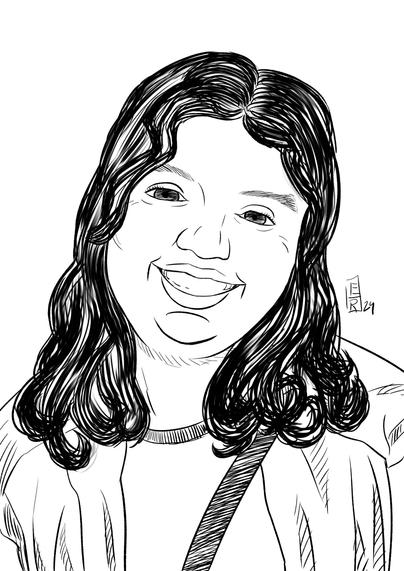 Um desenho em preto e branco de uma mulher com cabelo comprido e ondulado, sorrindo para a câmera. Ela está usando uma camiseta e uma jaqueta.  A mulher parece estar feliz e contente.