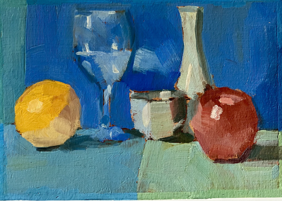 An oil painting of a wine glass with fruit.