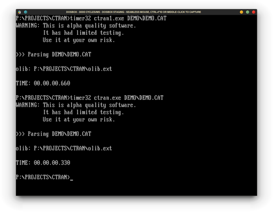 Screenshot of DOSBox Staging showing the execution of two versions of CTRAN, both processing the same DEMO.CAT category file. The first is with `array of TToken`, which took 660ms to run. The second is using generics, specifically `TList<TToken>`, which took 330ms to run.