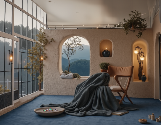 Cozy room with window wall, a chair with a soft blanket, and wall niches with soft lights. A book and a tray of loose gems are on the blue carpeted floor. An arched open window shows evening mountains.