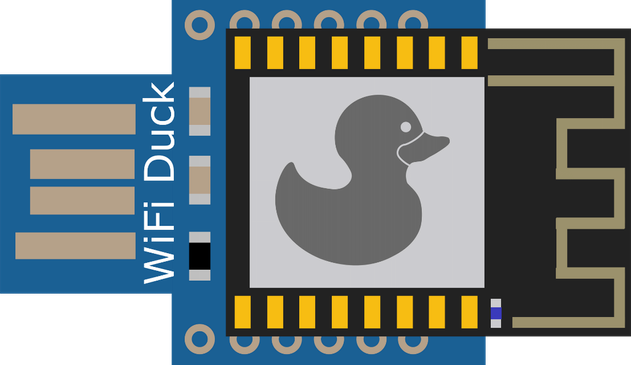 Logo of WiFi Duck, the silhouette of a duckling in black and white imprinted on a PCB with USB output and ESP 03 soldered on top.