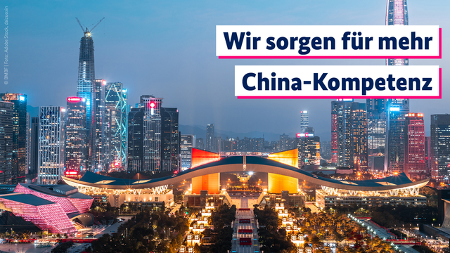 Zu sehen ist das Bild einer chinesischen Großstadt mit diversen modernen Hochhäusern und eine Prachtstraße im Zentrum.
In der NO-Ecke prangt der Schriftzug "Wir sorgen für mehr China-Kompetenz"
