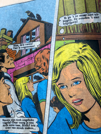 Detail of two panels of a wet comic book found on the street. In the left panel four people are looking up at the roof of a house and commenting on the three ravens perched there. In the second panel (on the right) one of the people (who has long blond hair) has a concerned look on her face and is thinking about something.