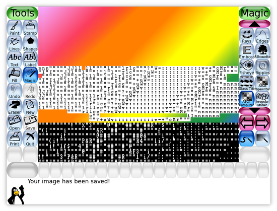 Screenshot of Tux Paint. A rainbow gradient is shown, but parts of it are replaced with black typewriter characters on white, or white computer terminal characters on black.