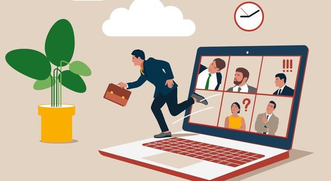 An illustration of a man in a suit holding a briefcase breaking free and running out of a laptop meeting screen while those in the meeting look confused to see him running away