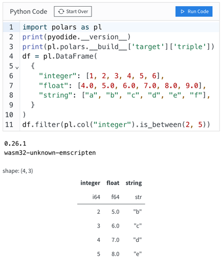 Screenshot. The polars Python package is imported into pyodide, running under WebAssembly. A DataFrame filter example is shown.