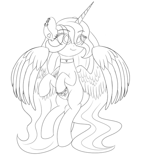 A lineart of Starsong Dusk as a princess, with extended wings and floating in midair. She is wearing a choker, a three earrings in her left ear, and a heart stud.