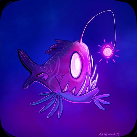 Digital illustration of an stylized abyssal fish in purple and pink colors. It has big teeth coming out of its mouth and it’s looking with very big eyes at its own bioluminescent light.