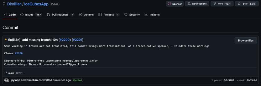 A screenshot of a GitHub commit page showing changes made to the IceCubesApp repository, specifically an update for French translations. The commit message details the addition of missing French translations and includes signatures from the authors. Commit made by user « pylapp » and accepted by maintainer. Project has 5,300 GitHub stars at least and more than 495 forks.