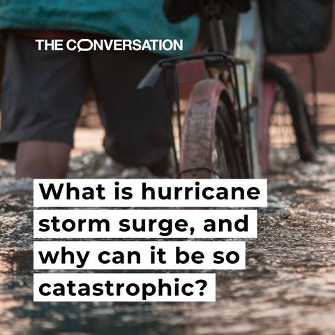 The image in the background is a bike being walked through high water. The text reads "What is hurricane storm surge, and why can it be so catastrophic?"