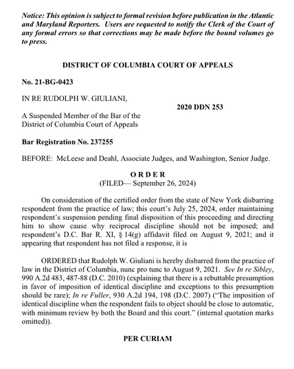 Notice of Giuliani disbarment