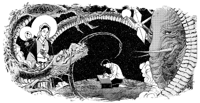 Black and white comic drawing of the same Hakamada sitting on the floor and writing as before. This time, though, he is surrounded by all sorts of fantastic creatures, including a dragon and the virgin Mary.

 Hakamada's mental health declined during his almost half a century in jail, and he wrote about various visions and apparitions. 

Choosing the landscape format and placing him in space rather than his own narrrow cell, I interpreted his visions as indicators of a tortured, enclosed mind yearning to stretch itself.
