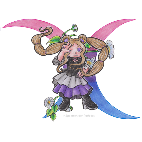 Das Bild zeigt Acey, eines der Maskottchen zu InSpektren. Aceys dunkelblonde Haare sind zu zwei Zöpfen gebunden und Acey trägt ein Kleid in den Farben der asexuellen Flagge sowie schwarze Stiefel. Außerdem hat Acey die linke Hand in die Hüfte gestüzt und die rechte Hand vor das Gesicht gehoben. Acey zwinkert und formt mit der Hand ein Peace-Zeichen. Hinter Acey sind grüne Ranken mit weißen Blüten zu sehen. Im HIntergrund sind außeerdem zwei nach außen offene Halbmonde in den Farben der Bi-Flagge.