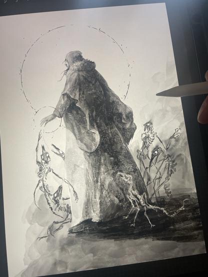 A female mage standing in a group of animal spirits.
