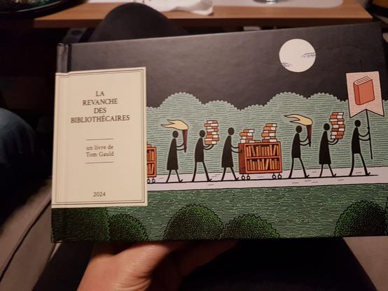 Couverture de livre, en format paysage : la revanche des bibliothécaires, par Tom Gauld. On y voit plusieurs silhouettes , la première tient un étendard avec un livre, d'autres portent des livres, poussent des étagères ou portent des flambeaux