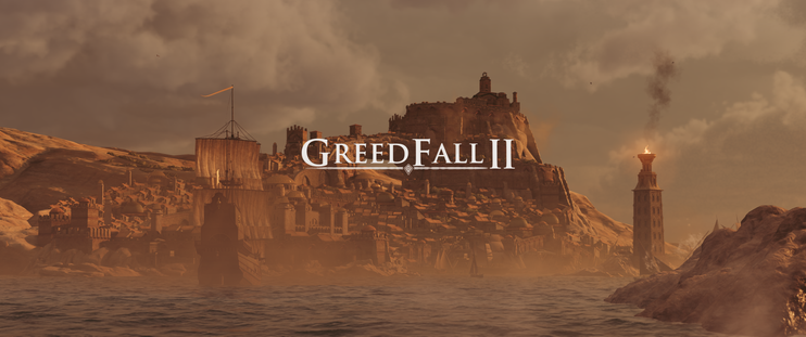 Zrzut ekranu z początkowej sekwencji Greedfall II, okręt wpływający do portu, w tle miasto na brzegu