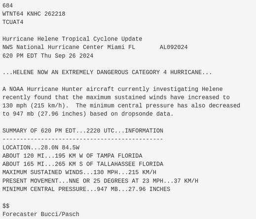 Hurricane Helene Tropical Cyclone Update
NWS National Hurricane Center Miami FL       AL092024
620 PM EDT Thu Sep 26 2024

...HELENE NOW AN EXTREMELY DANGEROUS CATEGORY 4 HURRICANE...

A NOAA Hurricane Hunter aircraft currently investigating Helene 
recently found that the maximum sustained winds have increased to 
130 mph (215 km/h).  The minimum central pressure has also decreased 
to 947 mb (27.96 inches) based on dropsonde data.
