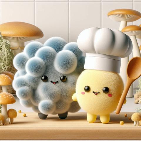 ①«Create by Bing Image Creator»
3D render of cute Sanrio-style characters, Mold and Yeast. Mold: fluffy, multi-celled, bluish-grey. Yeast: small, yellow, round, chef's hat, long spoon. Background: fungus-inspired, mushrooms, lichen. Mood: Yeast positive and cheerful, Mold shy but friendly. Setting: bright kitchen. Style: whimsical, adorable, diorama.