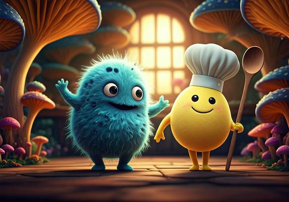②«Generated by nightcafestudio»
A delightful 3D render of two cute Sanrio-style characters, Mold and Yeast. Mold is a fluffy, multi-celled creature with a bluish-grey hue, while Yeast is a small, yellow, round character wearing a chef's hat and wielding a long spoon. The characters are surrounded by a fungus-inspired background, with mushrooms and lichen adorning the scene. Yeast exudes positivity and cheerfulness, while Mold appears shy but friendly. The overall feel of the image is whimsical and adorable, dancing in a bright kitchen. 3D rendering art, diorama