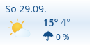 Screenshot Schnipsel einer Wettervorhersage für Sonntag, den 29.09. Symbol für Heiter bis wolkig, 15°C, 0% Regenwahrscheinlichkeit.
