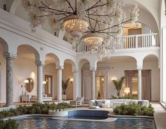 Airy hotel lobby, with a wrap-around balcony supported by arched pillars that surrounds a seating area and indoor pool. Two grand chandeliers hang in the central space, framed by exotic living plants with large white flowering branches.