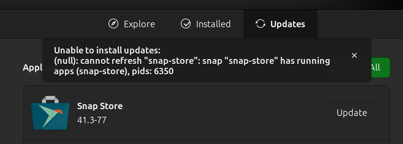 Screenshot of Ubuntu 24.04's "Snap Store" updates tab, saying that it cannot install updates to the snap "snap-store" because the app snap-store is running.