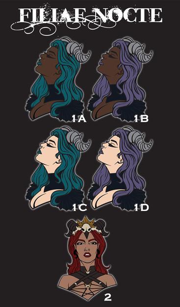 Display chart of pin variant options, numbered for ease. My brand name "Filiae Nocte" logo is at the top.