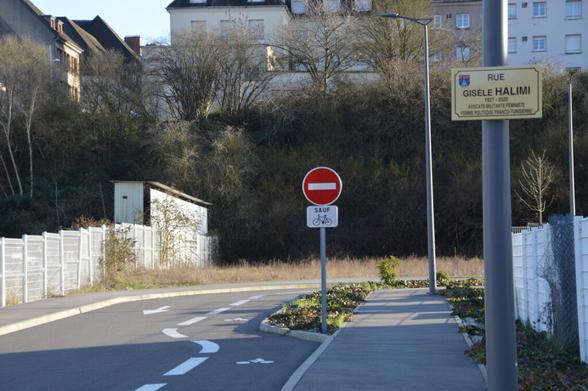 Une rue récemment refaite. Pour les voitures, une voie unique en sens interdit, bien indiqué par un panneau. Pour les vélos, une piste cyclable autorisée grace au pannonceau «Sauf vélo».