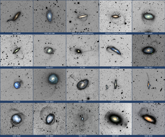 Array of galaxies with streams of stars being gravitationally drawn to them.