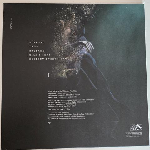 i Häxa's "Part Three" gatefold LP, back cover - sustepcted the same woman, still in her robe, now completely under the greenish water. You can't really tell if she is swimming or drowning, there are lots of small bubbles around her.
The list of song titles, together with the liner notes are superimposed.