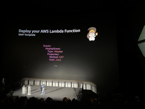 Sebastien talking on a stage and an iMax screen with a cartoon squirrel on it with a yml SAM file example

“Deploy your AWS Lambda function” SAM template