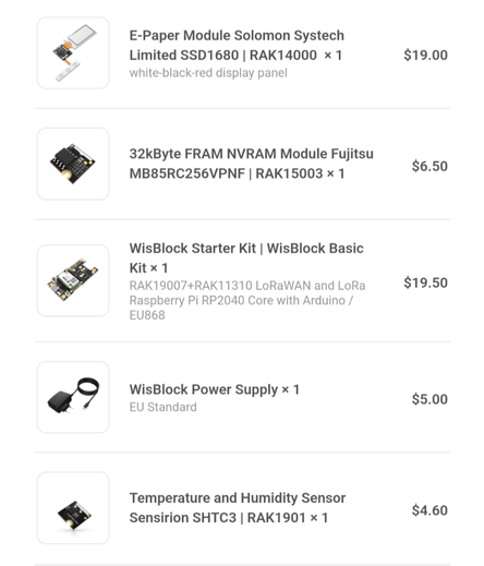 Parts list from my shopping cart (screenshot)