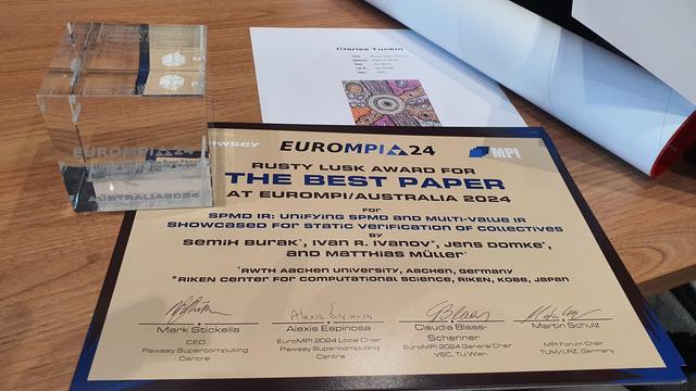 Best paper award certificate from EuroMPI conference.