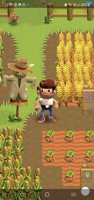 Screenshot of a player visiting a farm, standing next to a scarecrow. 
They are between three fields, two are planted with maize, one wheat and the other carrots.

A field infoboard with a page sporting a blue map-pin pinned to it stands nearby.