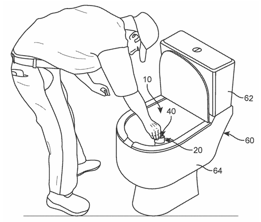 Patent drawing of a man sticking a tablet inside a toilet bowl.