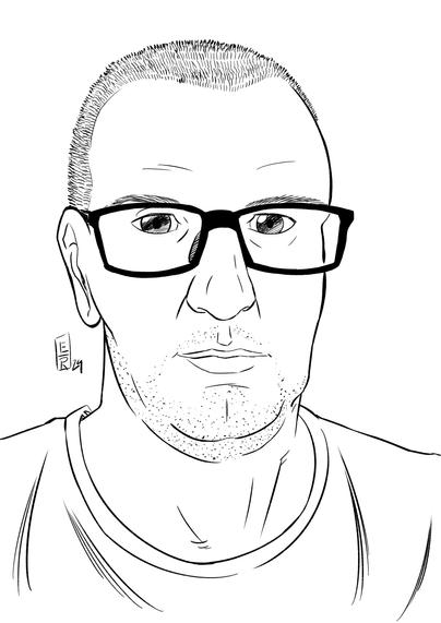 A imagem mostra um retrato de um homem de rosto sério. Ele usa óculos e está com o cabelo curto. Ele está usando uma camiseta. A imagem é um desenho em preto e branco.
