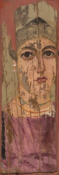 Fayum Mummy Portrait of a Woman
ca 2nd century A.D.

Medium: Encaustic
Support: Wood
Size: 34.6 x 11.5 cm
Art period: Antiquity
National Gallery of Art
Object number: 1956.12.1

This portrait employs calcite as a pigment. Via https://colourlex.com/project/fayum-mummy-portrait-of-a-woman/